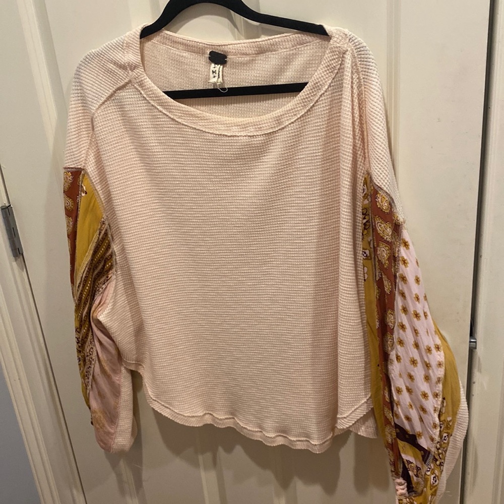 Free People Waffle Boho Chic Long Sleeve Shirt, medium
